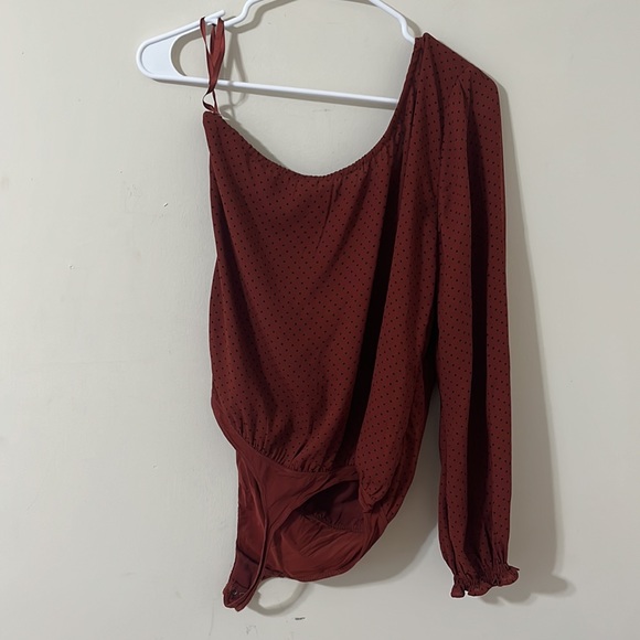 Abercrombie & Fitch One Shoulder Terracotta Polkadot Thong Ruched Bodysuit Sz L - Picture 7 of 11